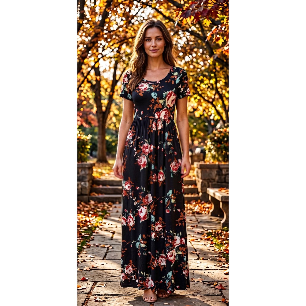 Vishom Women's Black Floral Maxi Dress M Short Sleeve Rose Print Boho Fall